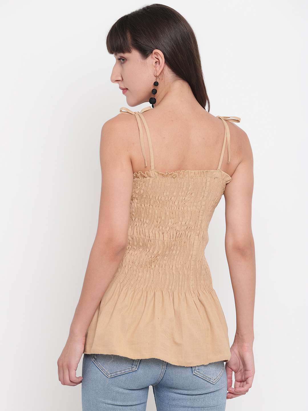 Women's Rayon Solid Casual Summer Style Tie Shoulder Straps Free Size Tank Top (Cream) - Image 2