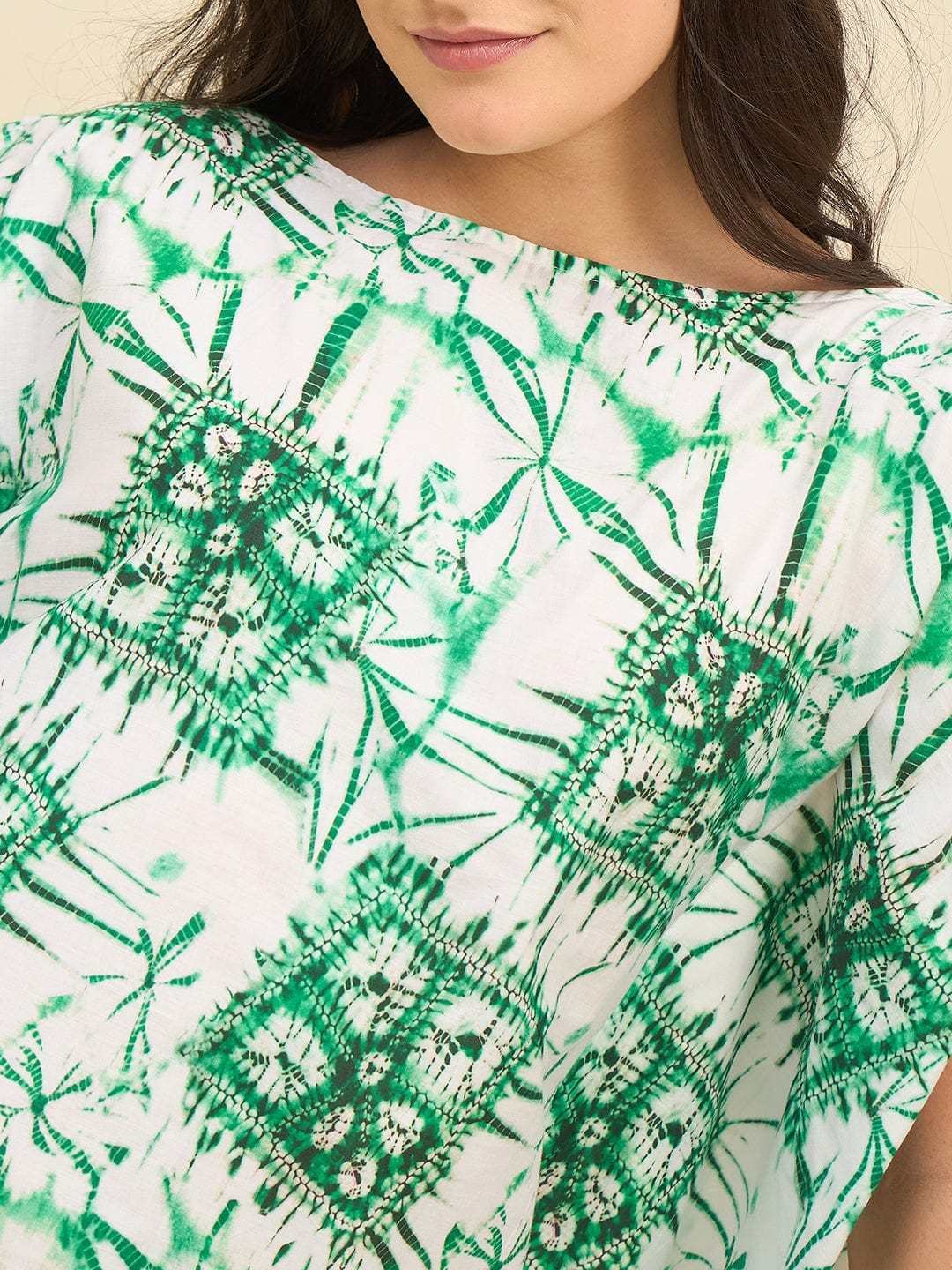 Women's Cotton Tie Dye Print Flowing Bell Sleeves Full Length Kaftan Drees Casual Beach Wear ( Green White ) - Image 2
