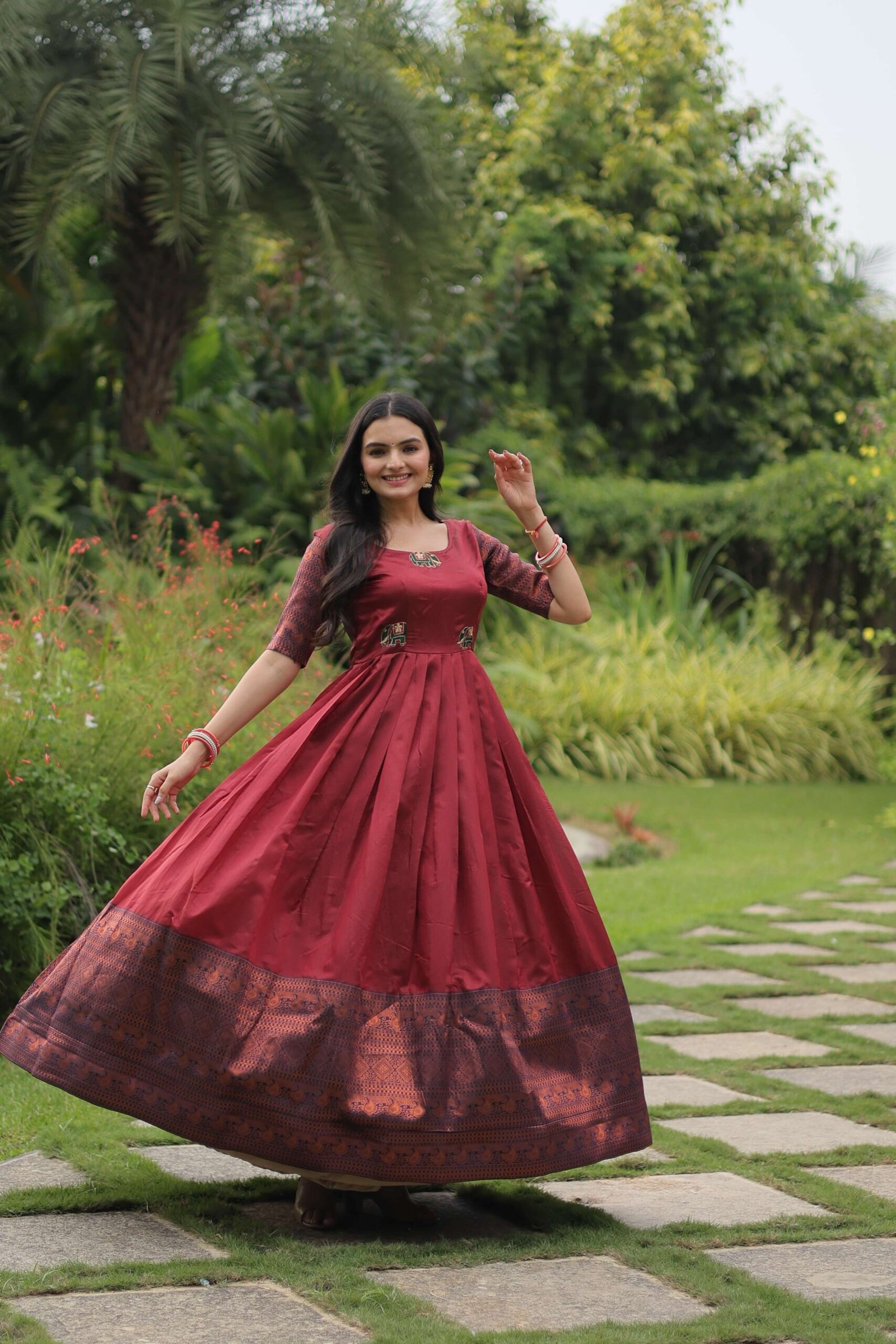 Maroon Banarasi Jacquard Silk Gown ? Elegant Free-Size Designer Party & Wedding Wear - Image 5