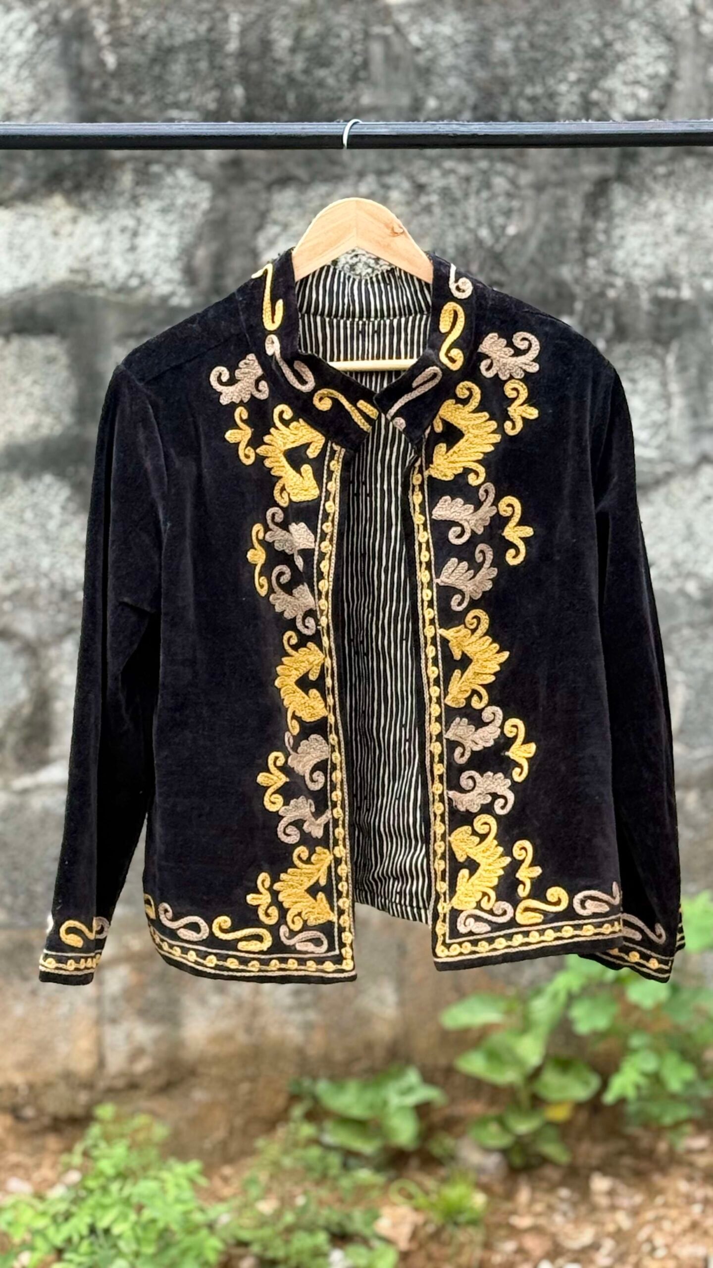 Womens Black Velvet Embroidered Jacket with Floral Design - Image 3