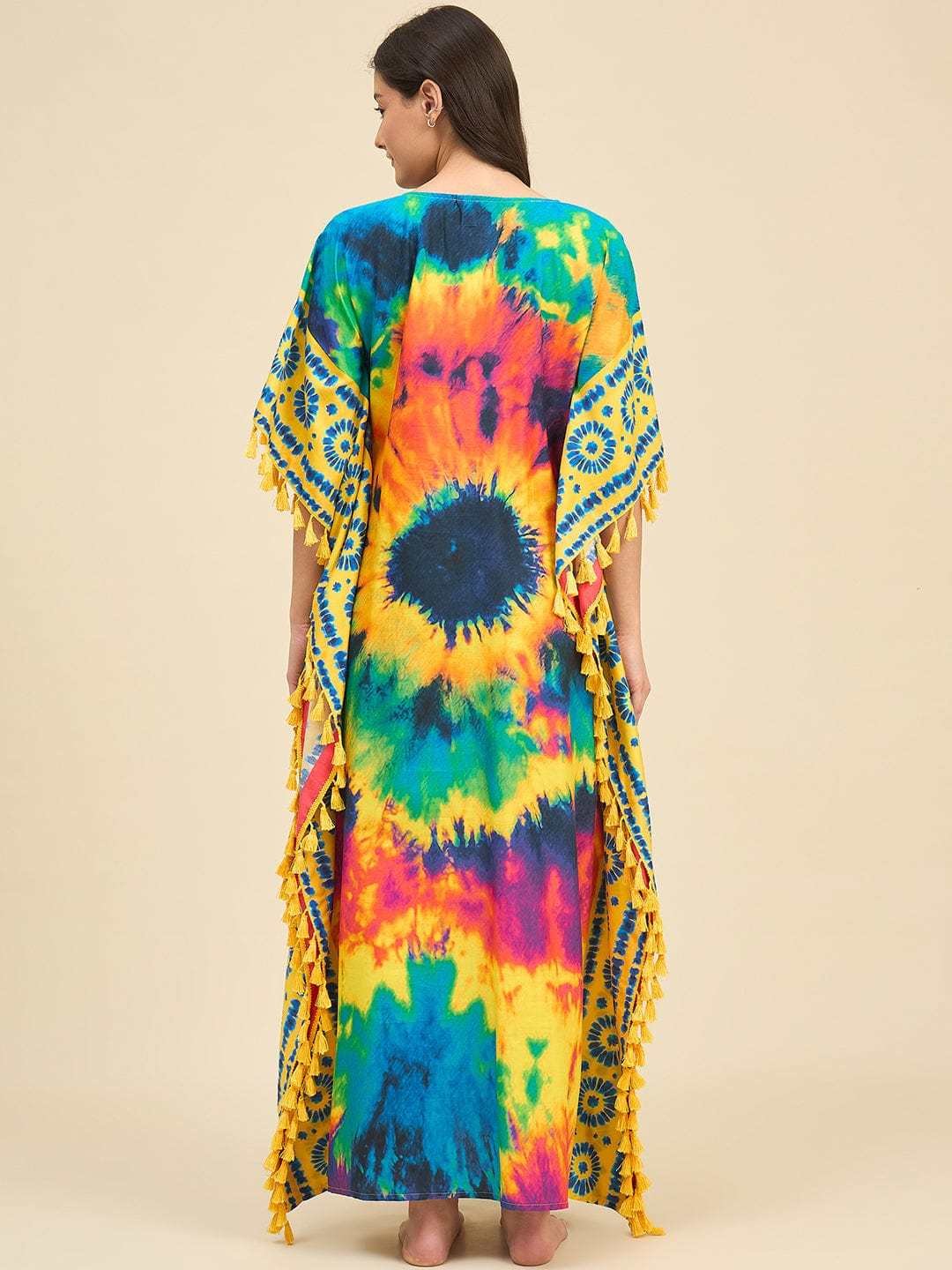 Women's Cotton Tie Dye Print Flowing Bell Sleeves Full Length Kaftan Drees Casual Beach Wear ( Multicolor ) - Image 5