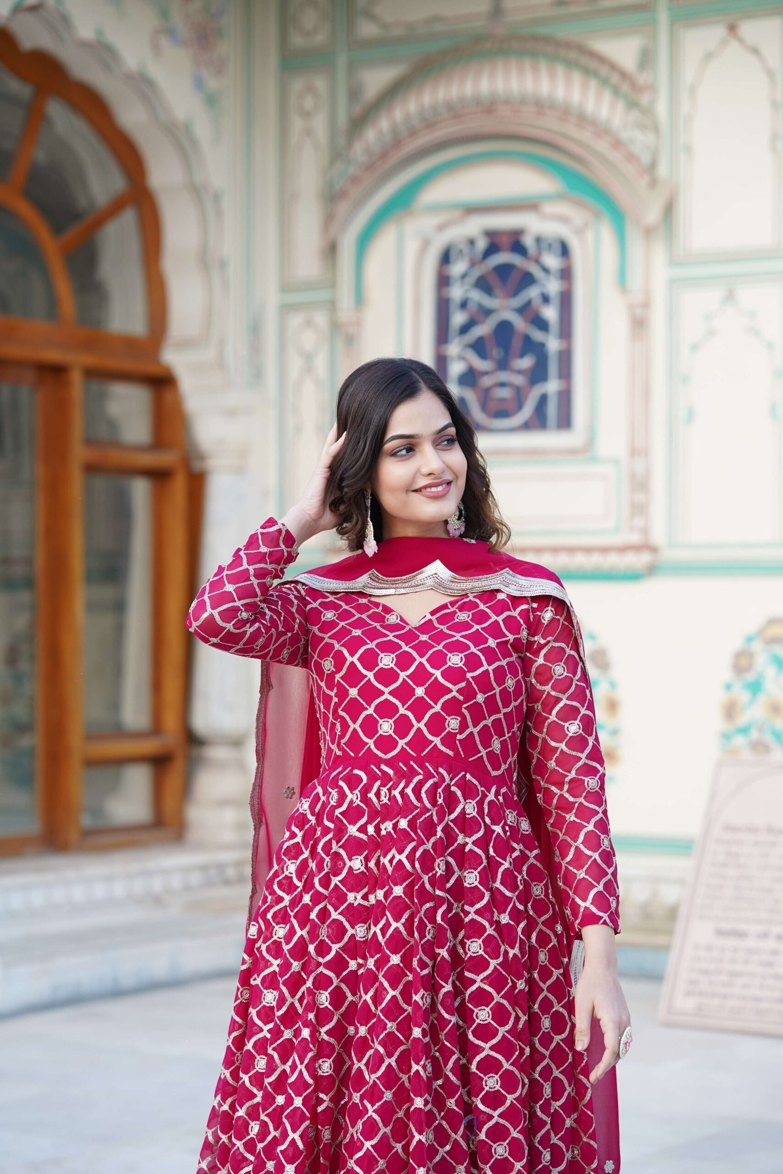 Pink Faux Blooming Designer Gown with Sequined Dupatta ? Elegant Fully Flared Party & Wedding Set