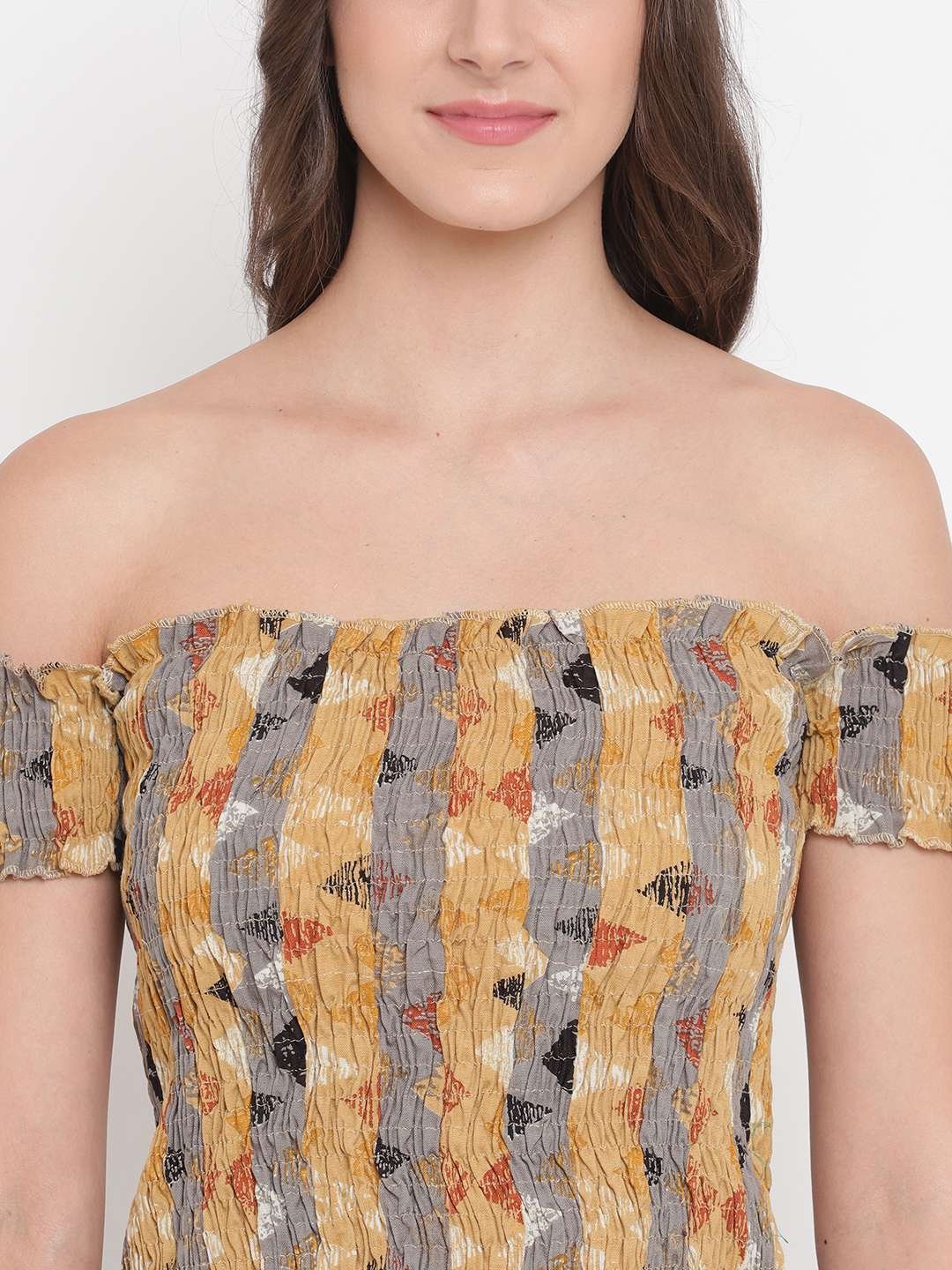 Women's Rayon Printed Off-Shoulder Smocked Crop Top Short Sleeve Casual Styles Tank Top (FREE SIZE) Multi40 - Image 4
